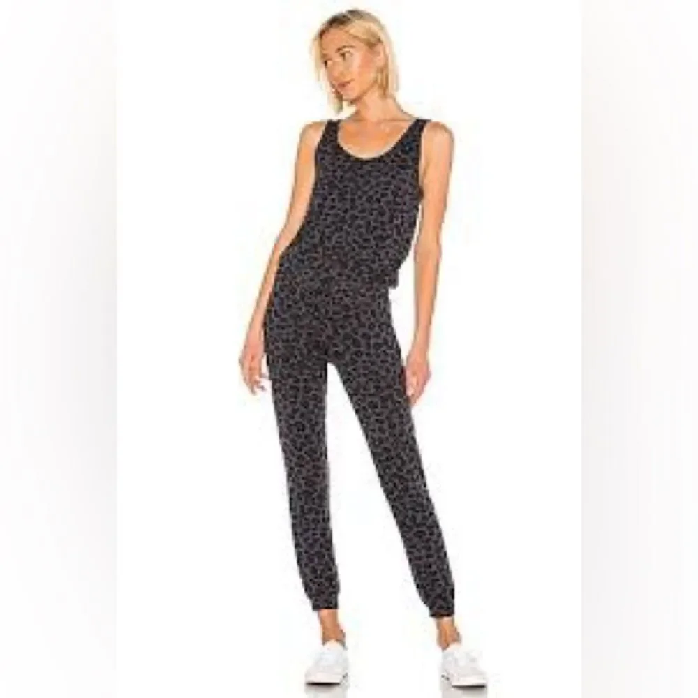 MONROW X REVOLVE BLACK & grey Leopard Tank one piece waist tie Jumpsuit sz small